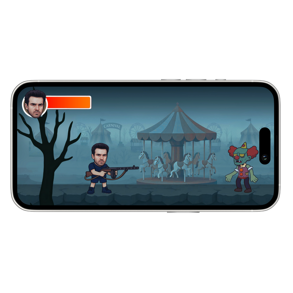 Playing a personalized video game on iPhone — the zombie carnival level from Reagan Phenomenon