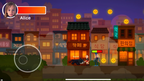 A neon Seoul street at night, hand-drawn in 2D