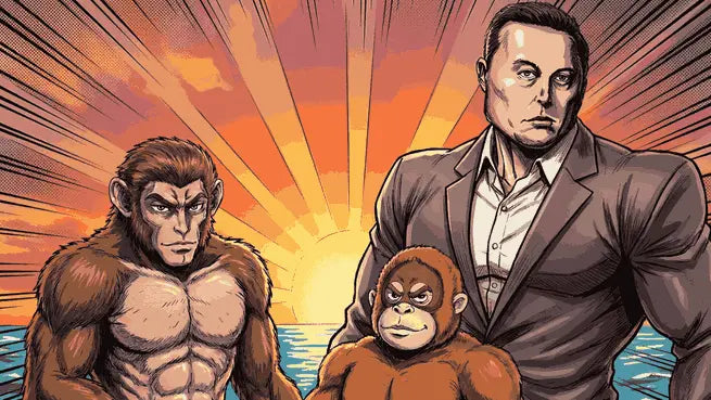 A custom video game sample showing Milon Husk and Punch the macaque with a plush toy standing confidently against a sunset, representing an example of an 8 year anniversary gift.