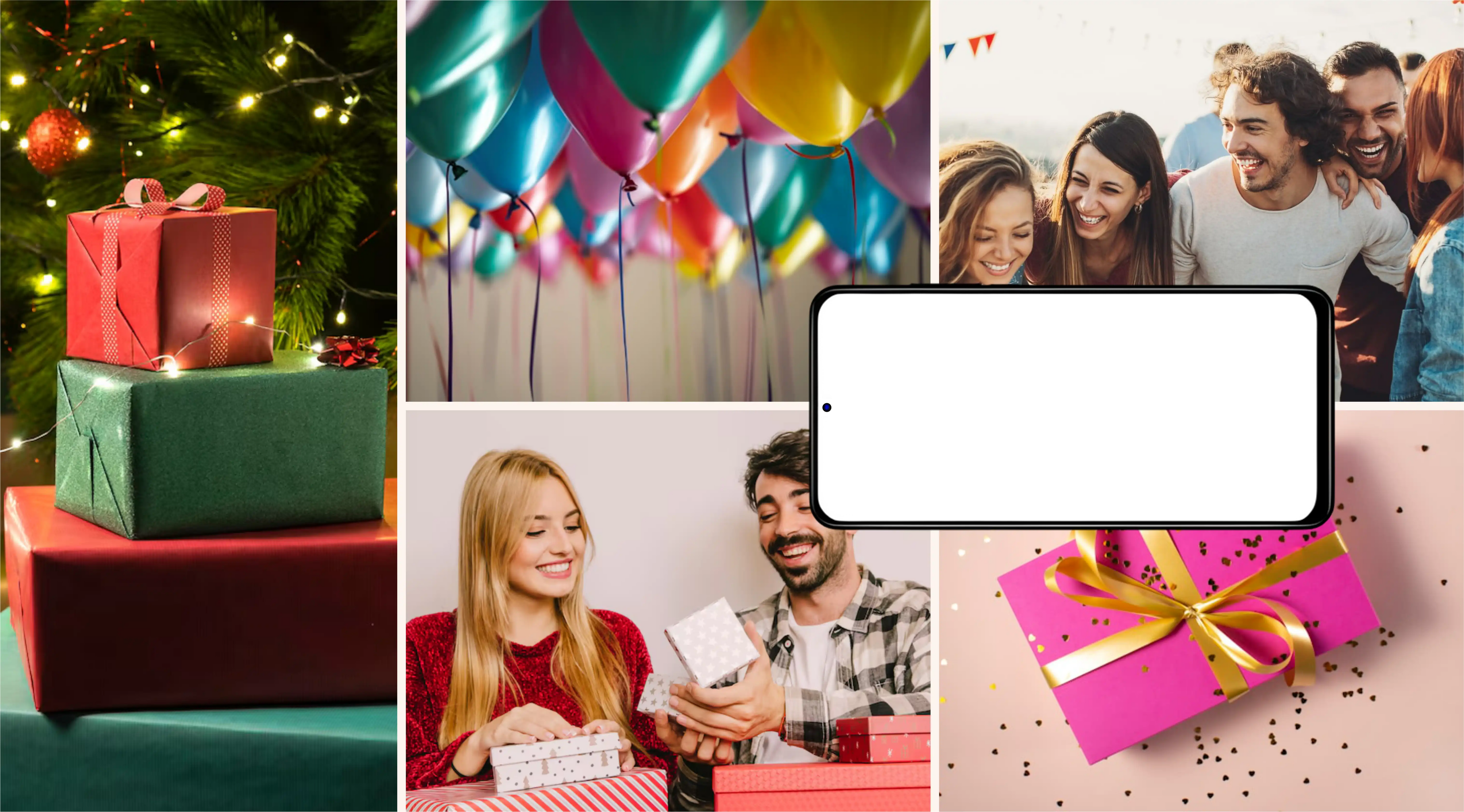 A collage of festive scenes with couples and friends, with a smartphone overlaid in the center showing a custom video game, a perfect idea for customizable gifts, a 20 year anniversary gift, or gifts for men who have everything.