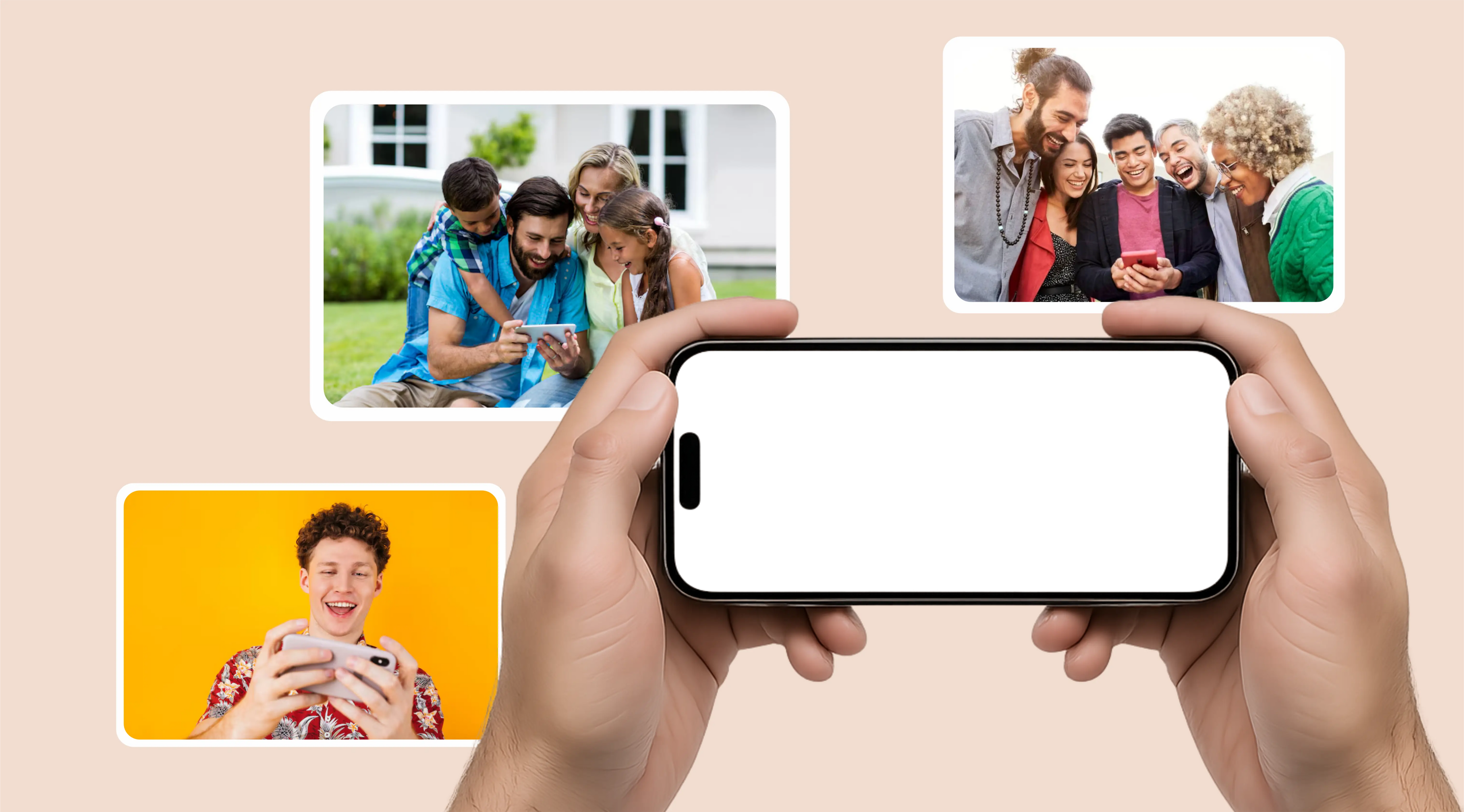 Happy people playing personalized gift games on smartphones. In the center, a smartphone displays gameplay from Muksun Games.