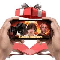 Hands holding a smartphone displaying a custom video game as a personalized gift coming out of a red box.