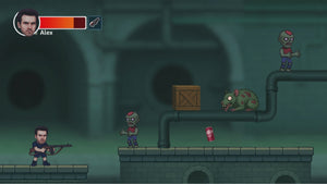 2D platformer level from a custom game: the hero takes aim as enemies close in on a sewer walkway. Order personalized video game gift.  This is the best gift for gamers