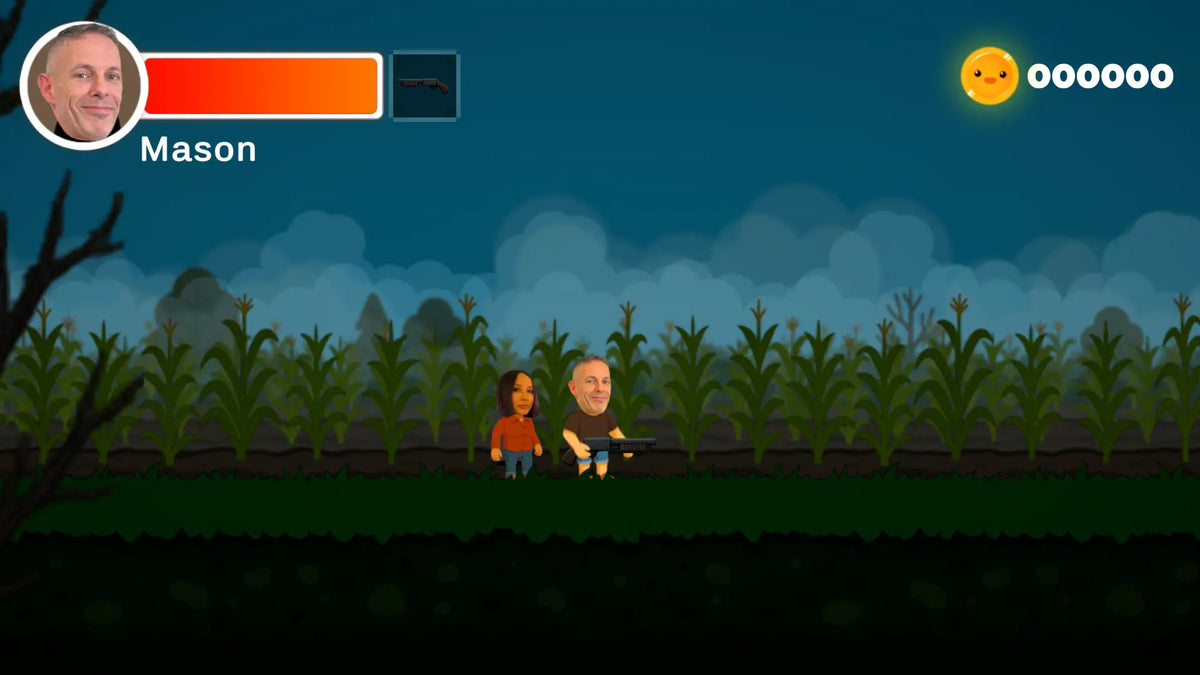 Characters cautiously explore a post-apocalyptic corn farm. A snippet from a custom gift video game.