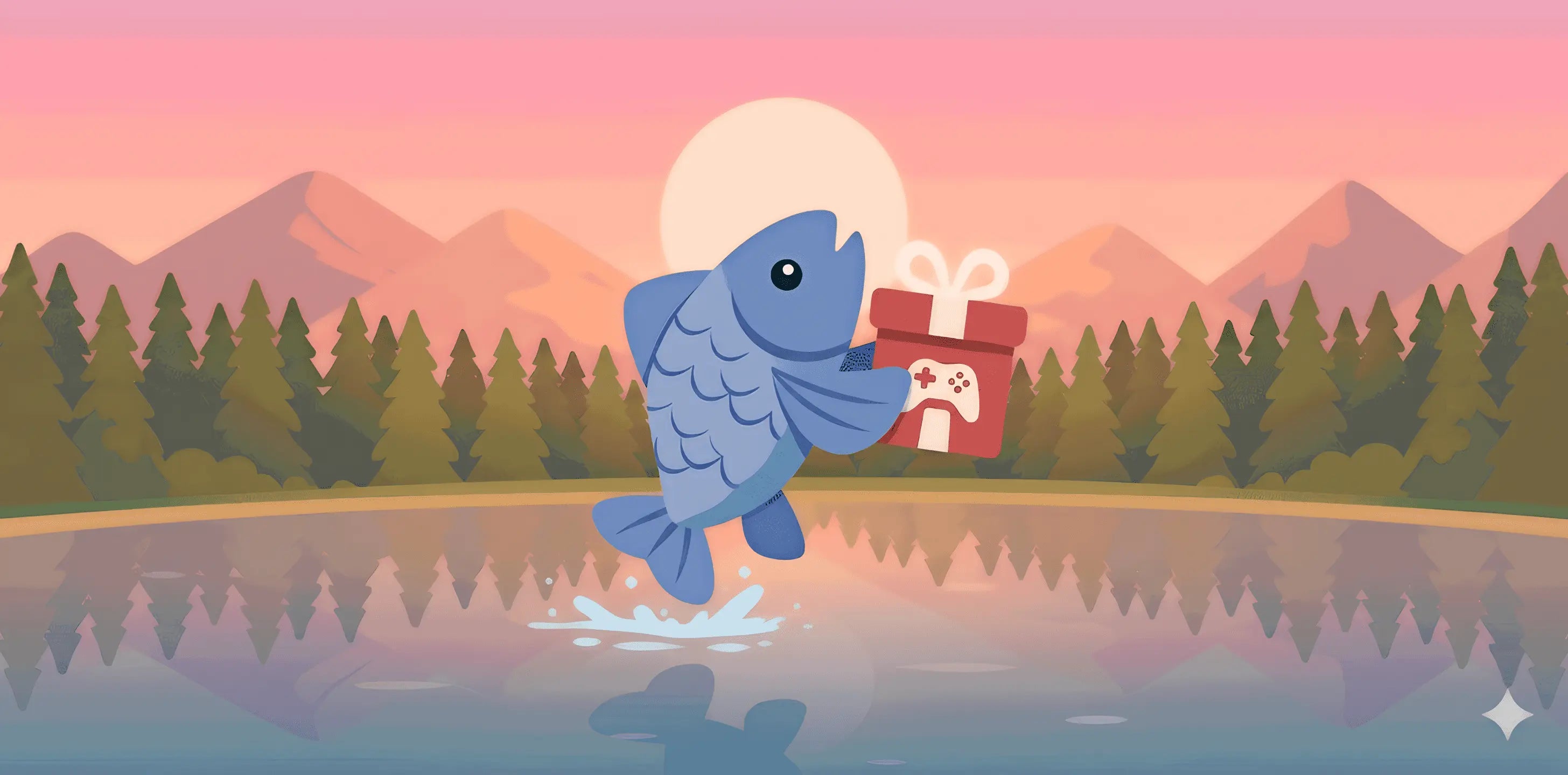 A muksun fish jumping out of the water offering a personalized video game gift, a creative idea for unique wedding gifts and a 10th anniversary gift.